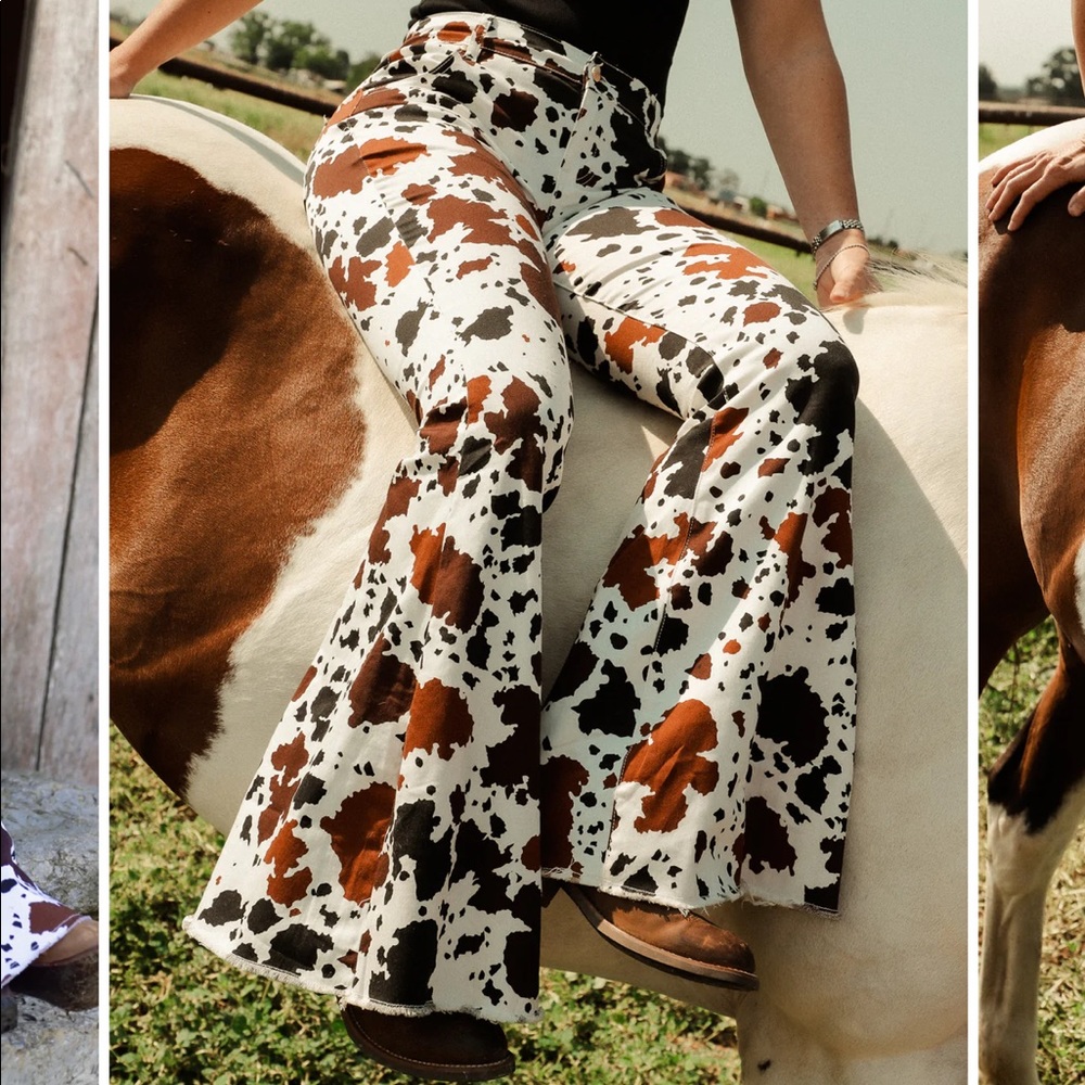 Ranch Dress’n Cow print, high waisted, super flares